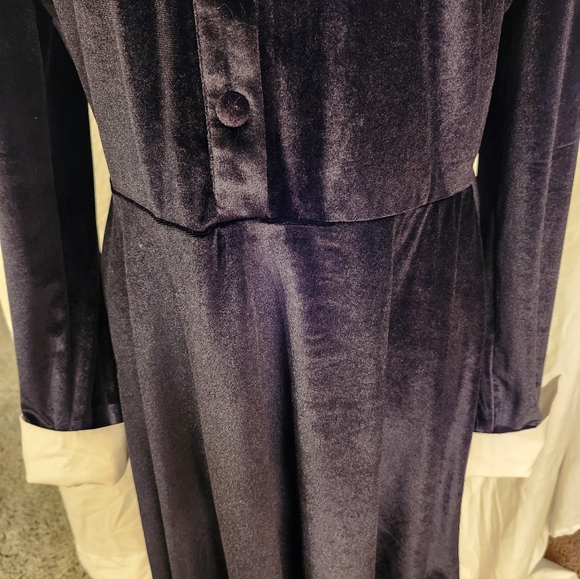 "Wednesday" Black Velvet-Type Dress with White Accents - Picture 3 of 4